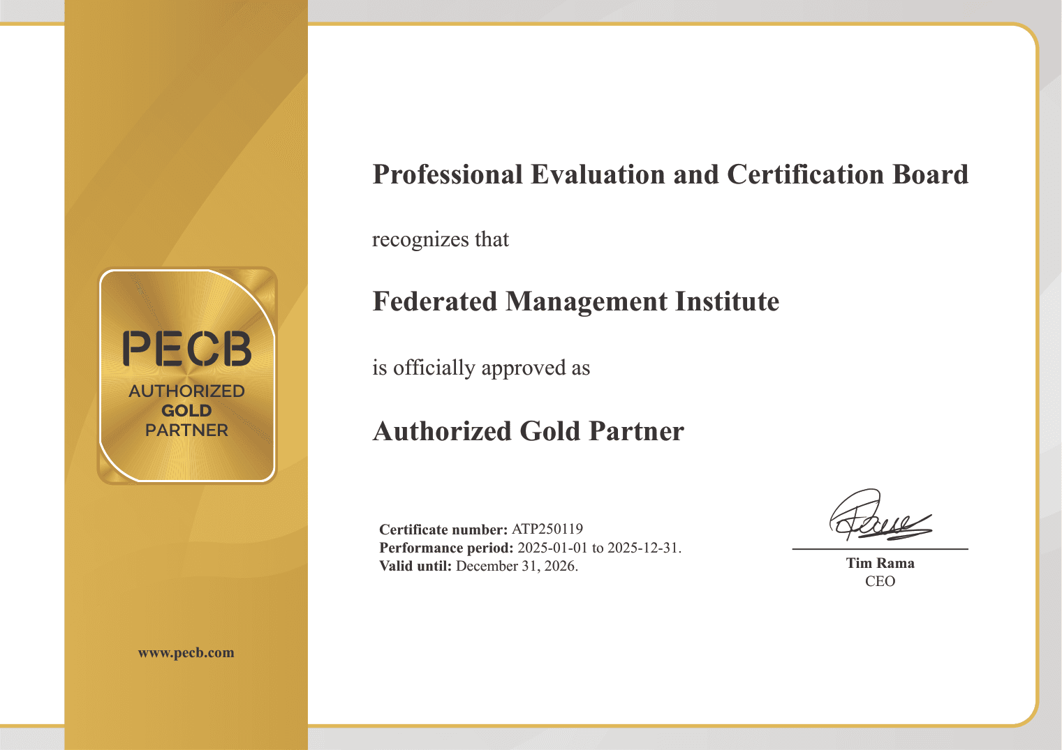 PECB Authorized Gold Partner certificate awarded to Federated Management Institute, certificate number ATP250119