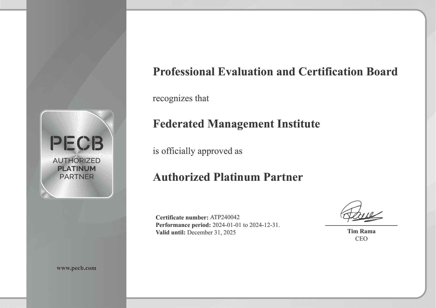 PECB Authorized Platinum Partner certificate awarded to Federated Management Institute, certificate number ATP240042